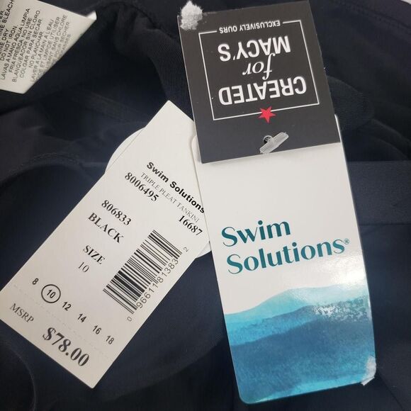 Swim Solutions Tankini Top Womens 10 Black Triple Pleat Ruffle Adjustable Straps - Picture 10 of 12